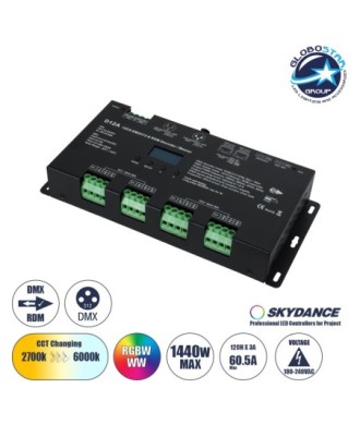 GloboStar® 71451 D12A SKYDANCE DC DMX & RDM Dimmer High Speed Controller - Decoder - Master 12 Καναλιών DC 12-24V 12 x 5A 120W - Max 60.5A 1440W - IP20 Μ25 x Π11.5 x Υ4cm - 5 Years Warranty